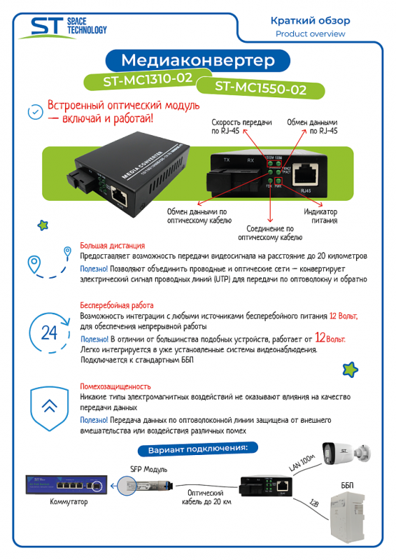 Медиаконвертер ST-MC1550-02 (20/G/SC/SM)