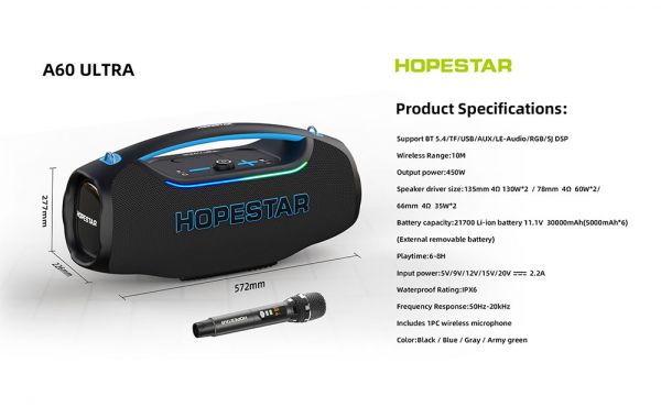 Беспроводная Bluetooth колонка Hopestar A60 ULTRA 450Вт с микрофоном