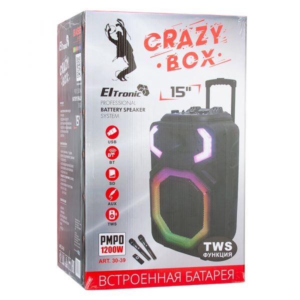 Колонка Eltronic 30-39 Crazy BOX 350 1x15" 120Вт с 2 микрофонами и TWS