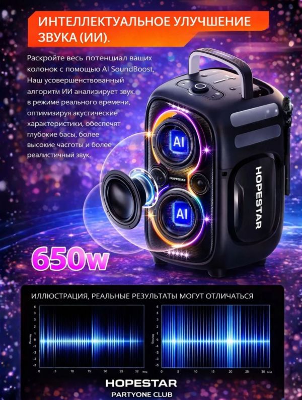 Bluetooth колонка Hopestar PartyOne Club 650Вт в 2 микрофонами