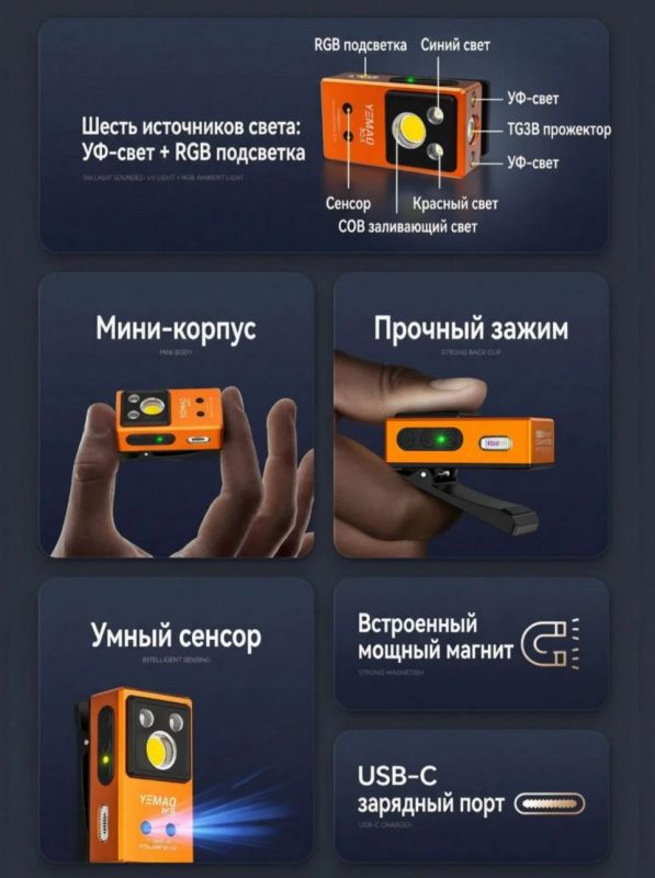 Нагрудный фонарь YEMAO YM-M18 (белый, RGB и УФ свет)
