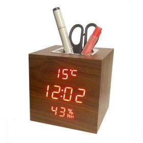 Деревянные часы VST-878S-1 в виде подставки для ручек (подставка органайзер) с термометром